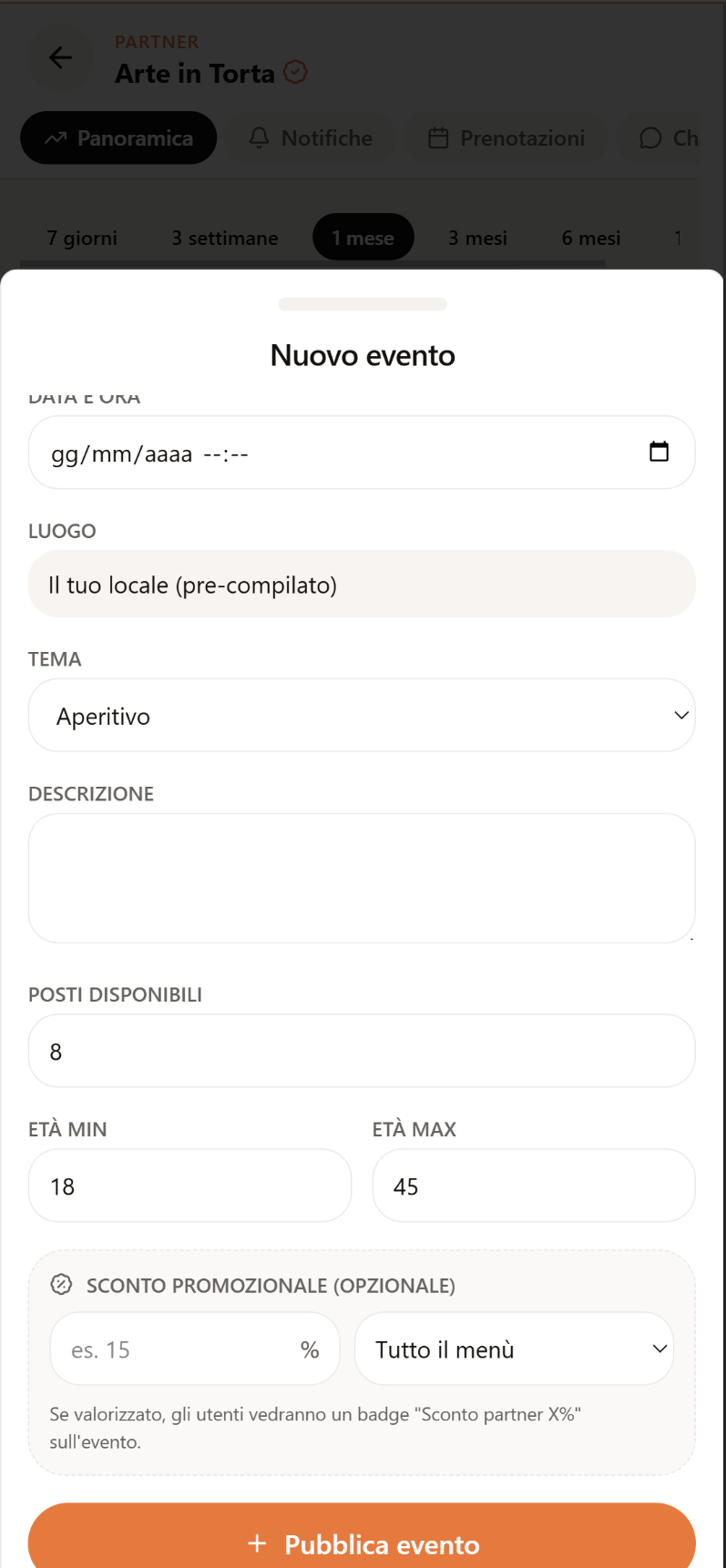 Creazione di un nuovo evento nel locale
