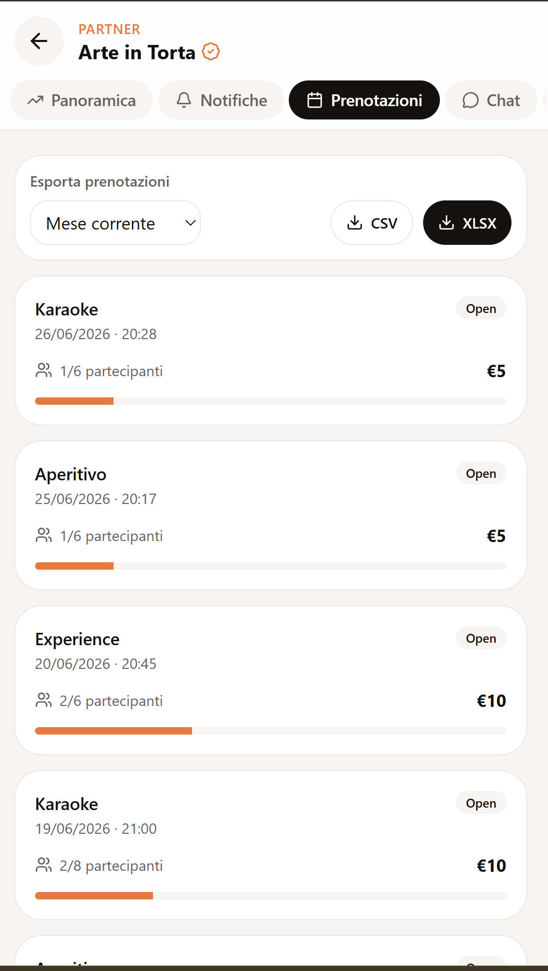 Elenco prenotazioni con export CSV e XLSX