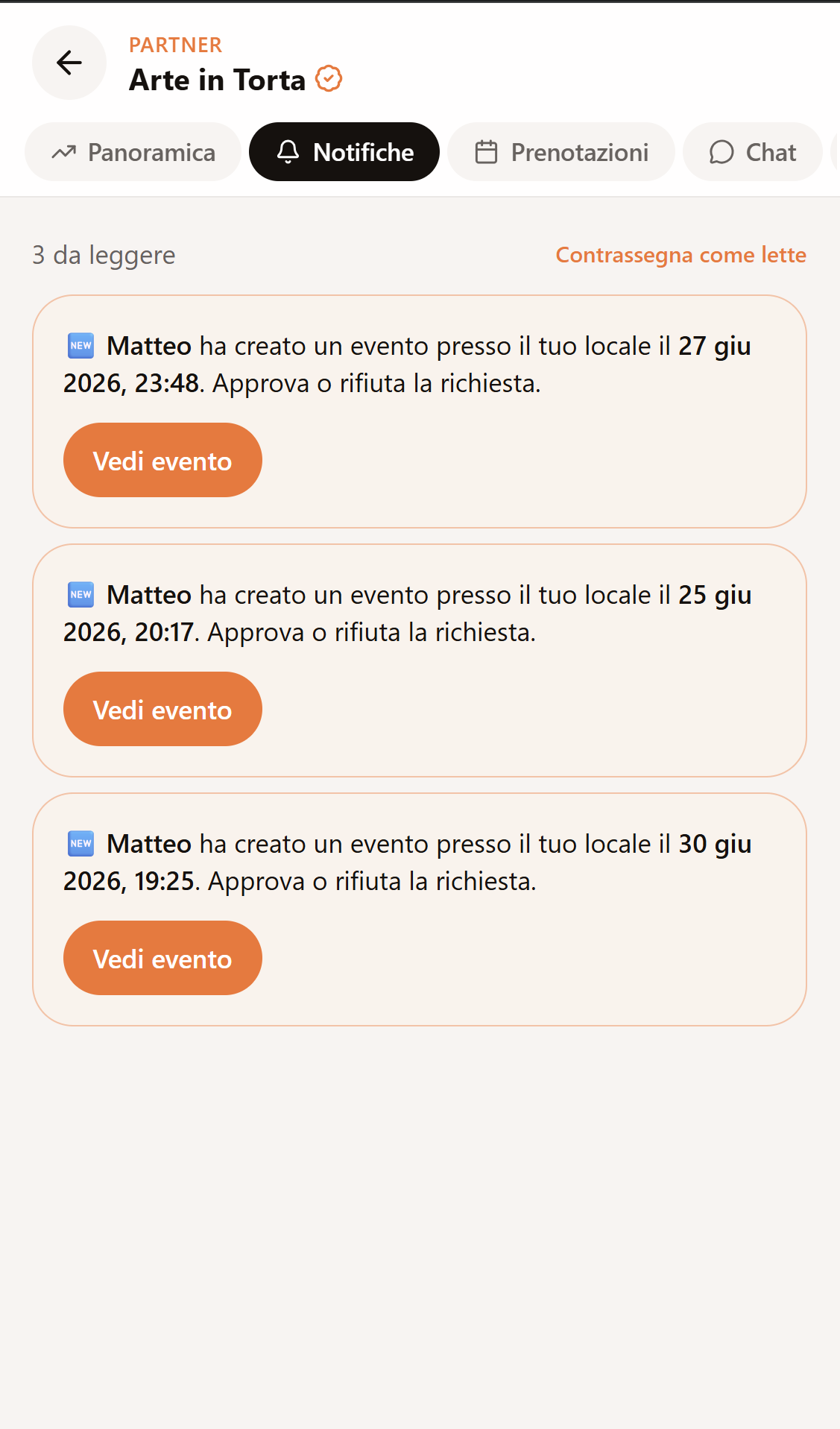 Notifiche di nuovi eventi da approvare